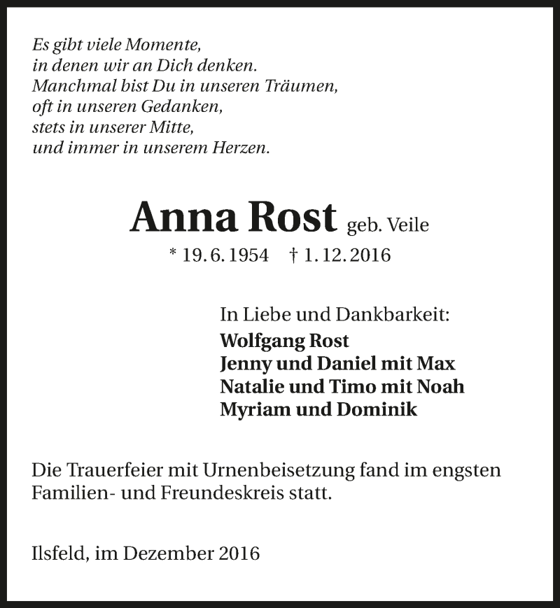  Traueranzeige für Anna Rost vom 10.12.2016 aus 