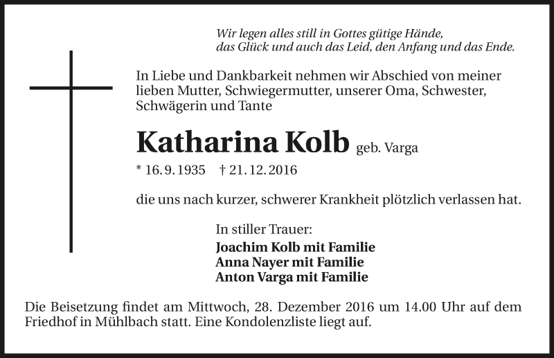  Traueranzeige für Katharina Kolb vom 24.12.2016 aus 