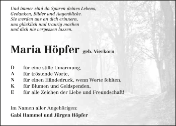 Traueranzeige von Maria Höpfer 