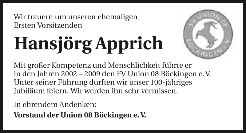  Traueranzeige für Hansjörg Apprich vom 19.12.2016 aus 