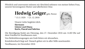 Traueranzeige von Hedwig Geiger 