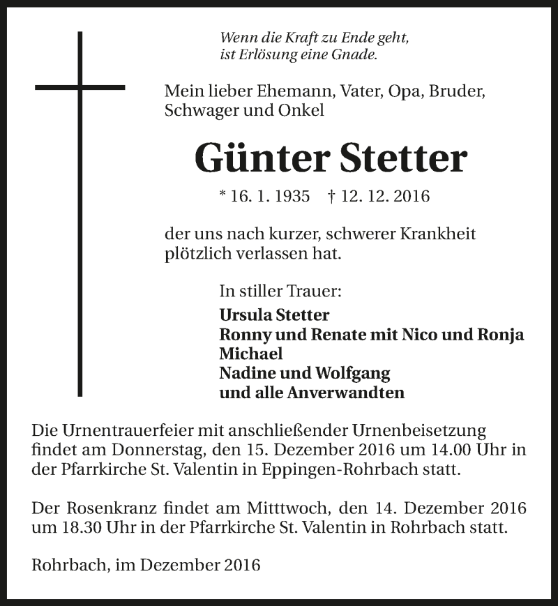  Traueranzeige für Günter Stetter vom 14.12.2016 aus 