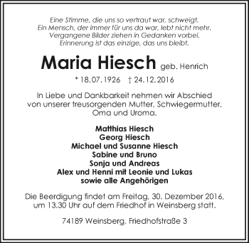 Traueranzeige von Maria Hiesch 