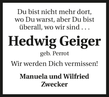 Traueranzeige von Hedwig Geiger 