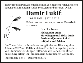 Traueranzeige von Damir Lukic 