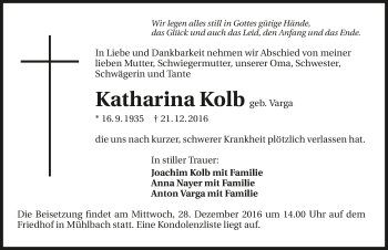 Traueranzeige von Katharina Kolb 