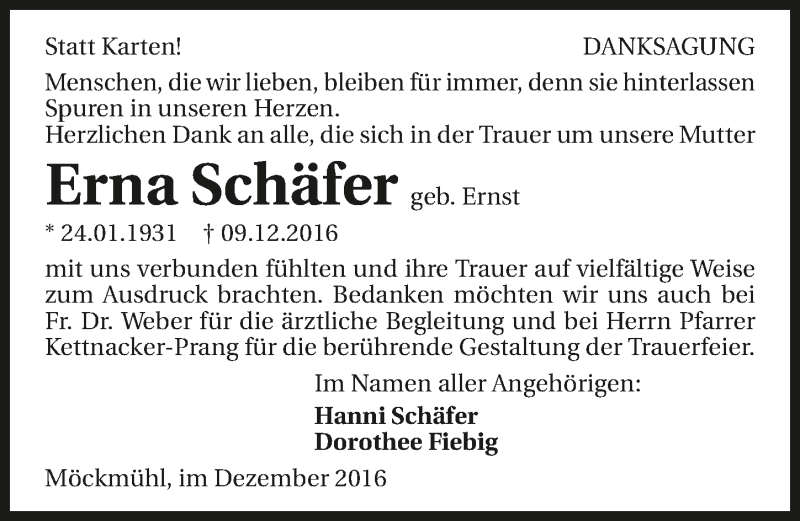  Traueranzeige für Erna Schäfer vom 30.12.2016 aus 