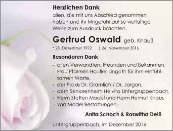 Traueranzeige von Gertrud Oswald 