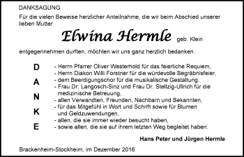 Traueranzeige von Elwina Hermle 