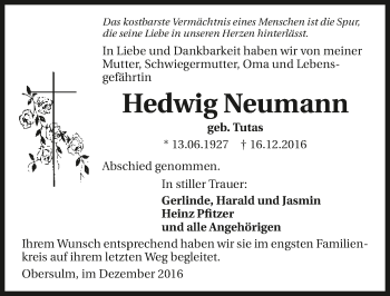 Traueranzeige von Hedwig Neumann 