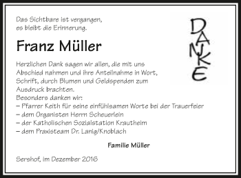 Traueranzeige von Franz Müller 