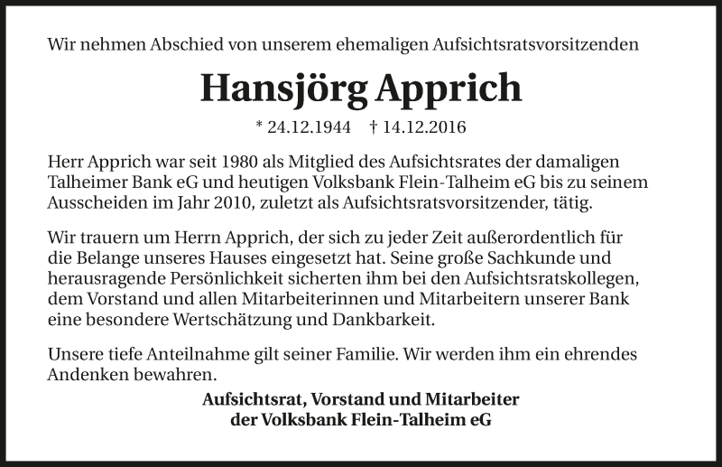  Traueranzeige für Hansjörg Apprich vom 17.12.2016 aus 
