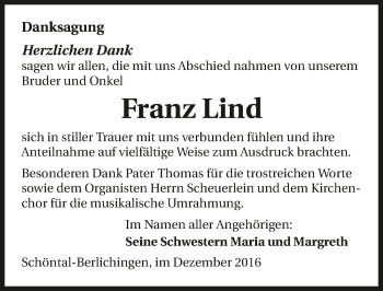 Traueranzeige von Franz Lind 