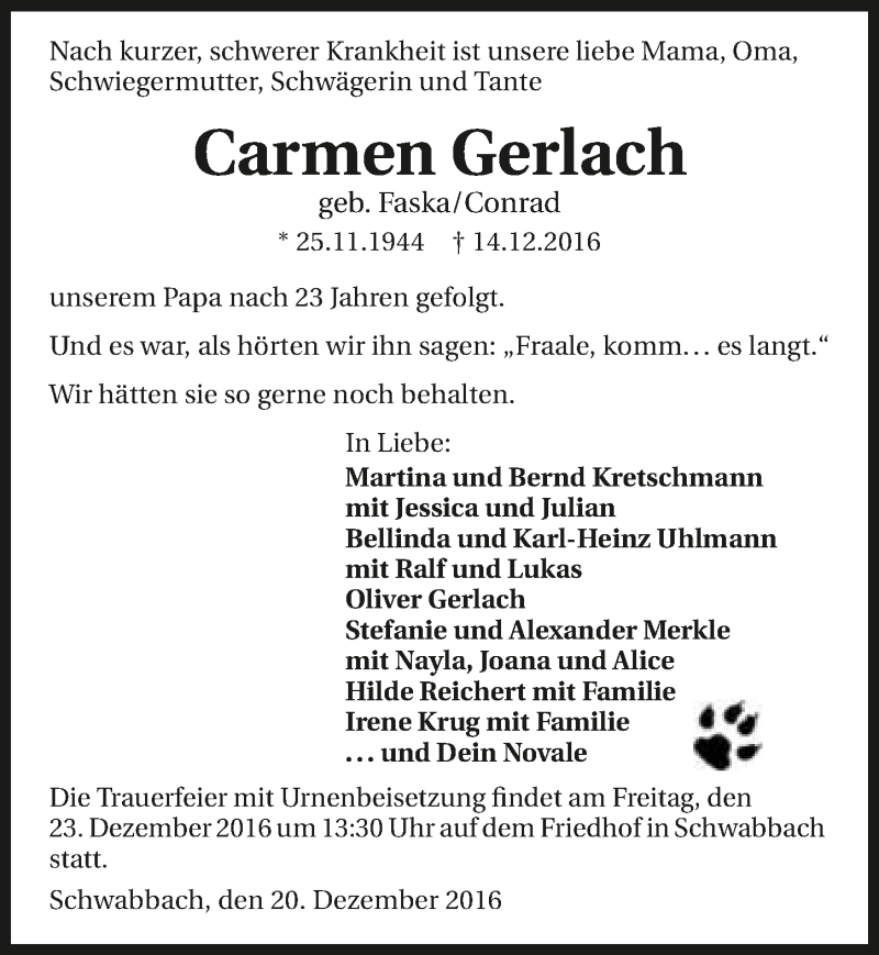  Traueranzeige für Carmen Gerlach vom 20.12.2016 aus 