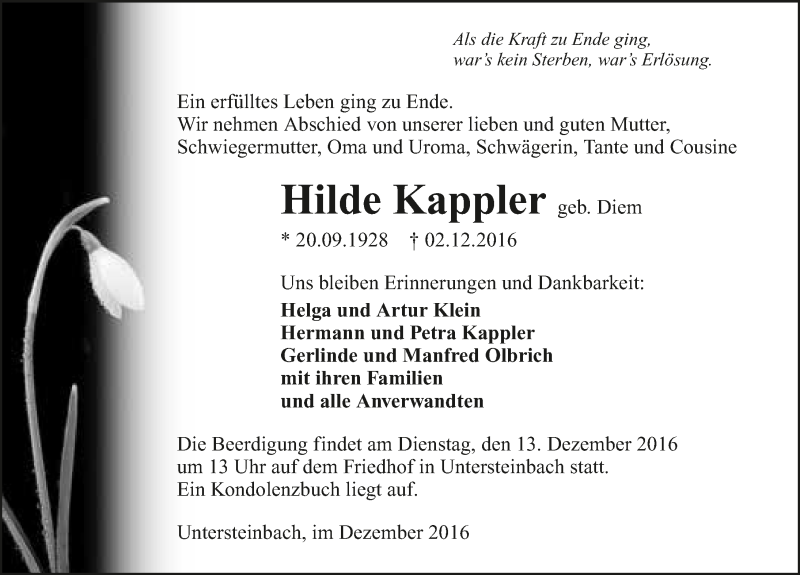  Traueranzeige für Hilde Kappler vom 10.12.2016 aus 