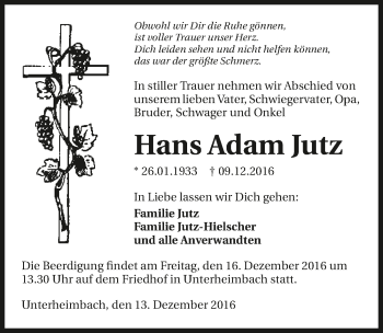 Traueranzeige von Hans Adam Jutz 