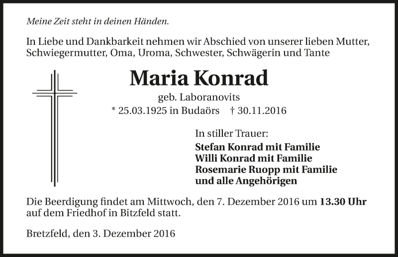  Traueranzeige für Maria Konrad vom 03.12.2016 aus 