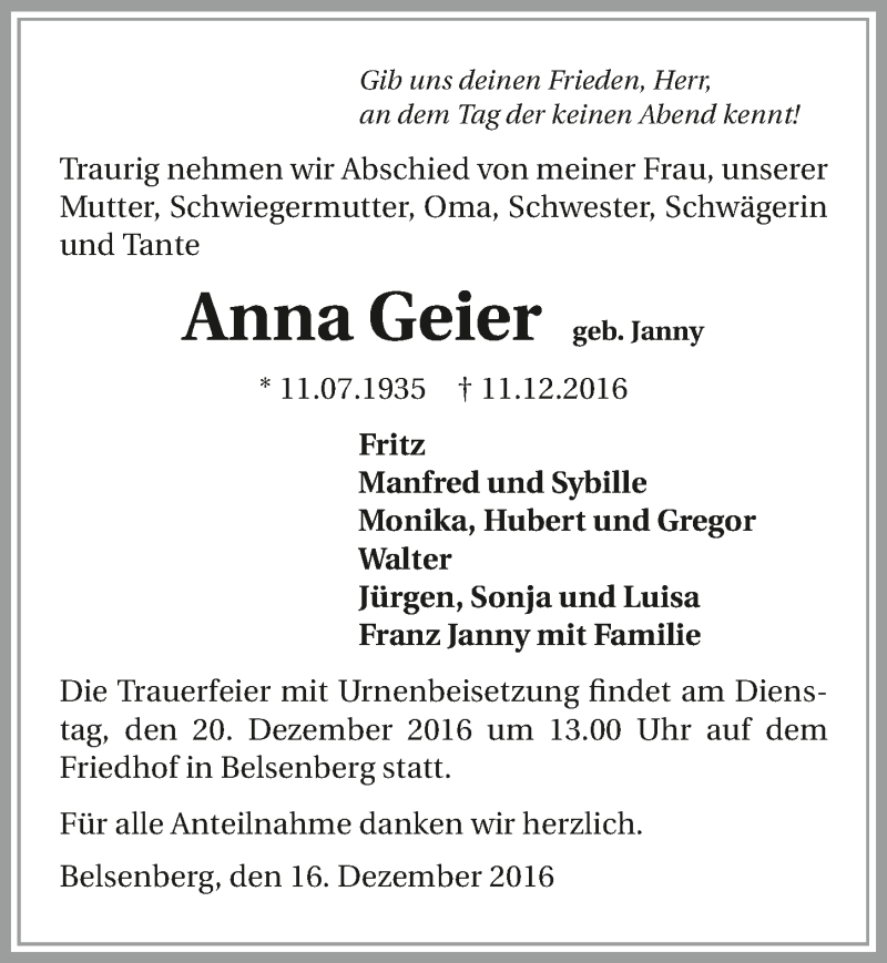  Traueranzeige für Anna Geier vom 16.12.2016 aus 