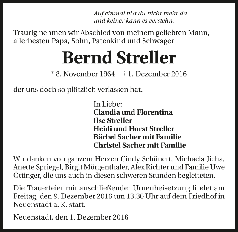 Traueranzeige für Bernd Streller vom 07.12.2016 aus 
