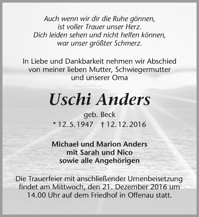  Traueranzeige für Uschi Anders vom 17.12.2016 aus 