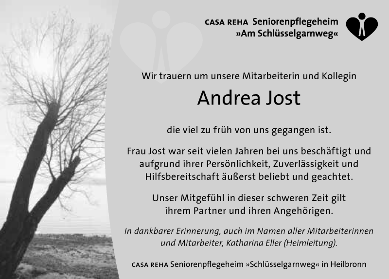  Traueranzeige für Andrea Jost vom 13.12.2016 aus 
