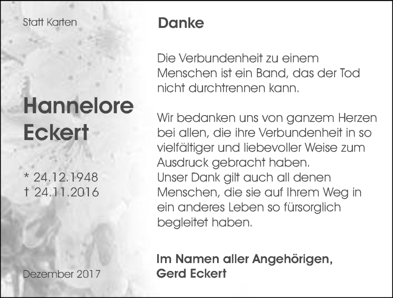  Traueranzeige für Hannelore Eckert vom 31.12.2016 aus 