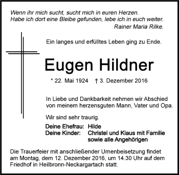 Traueranzeige von Eugen Hildner 