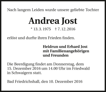 Traueranzeige von Andrea Jost 