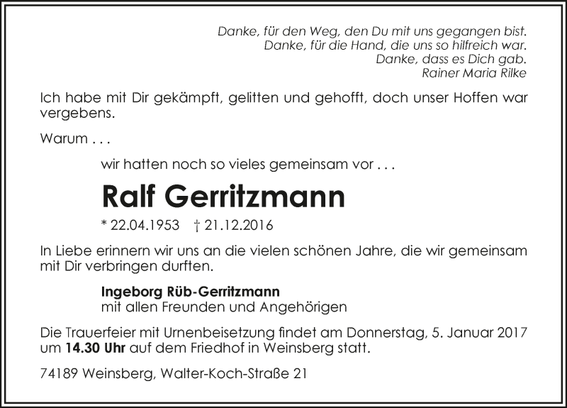 Traueranzeige für Ralf Gerritzmann vom 23.12.2016 aus 