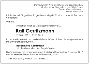 Traueranzeige von Ralf Gerritzmann 