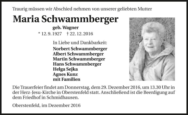  Traueranzeige für Maria Schwammberger vom 27.12.2016 aus 
