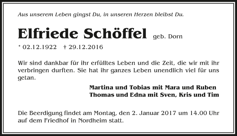  Traueranzeige für Elfriede Schöffel vom 31.12.2016 aus 