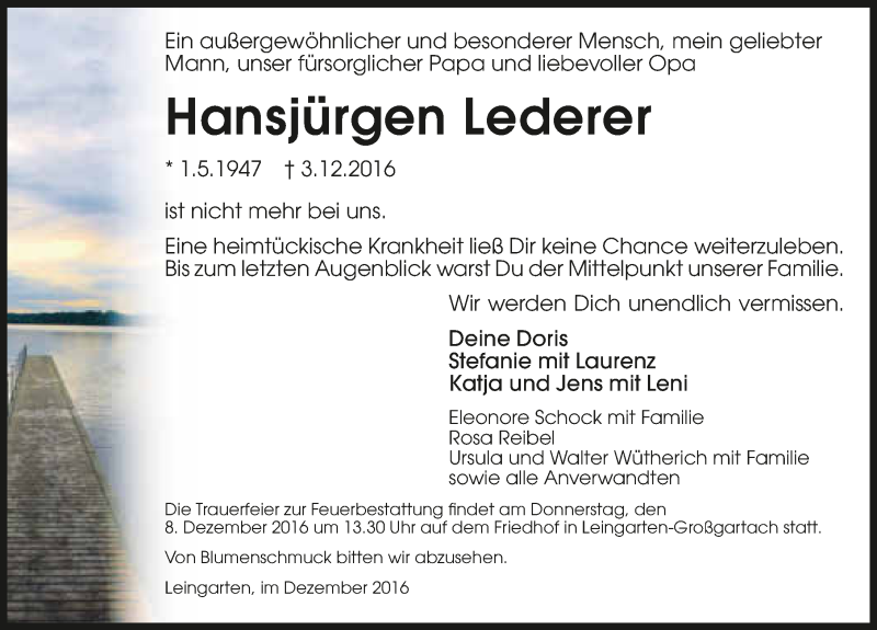  Traueranzeige für Hansjürgen Lederer vom 06.12.2016 aus 