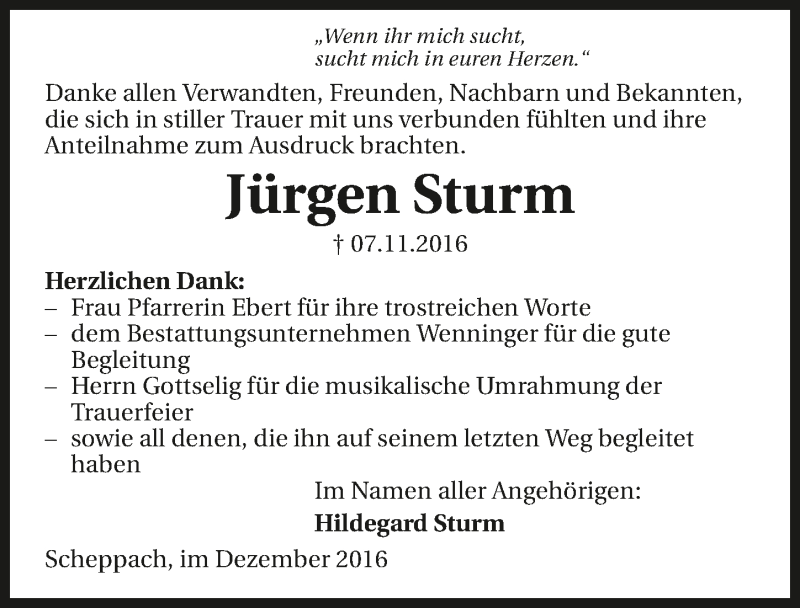  Traueranzeige für Jürgen Sturm vom 03.12.2016 aus 