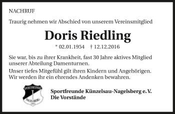 Traueranzeige von Doris Riedling 