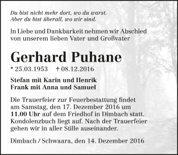 Traueranzeige von Gerhard Puhane 