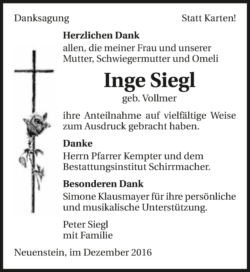  Traueranzeige für Inge Siegl vom 03.12.2016 aus 