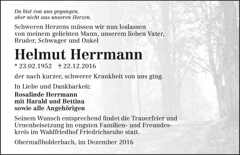  Traueranzeige für Helmut Herrmann vom 28.12.2016 aus 