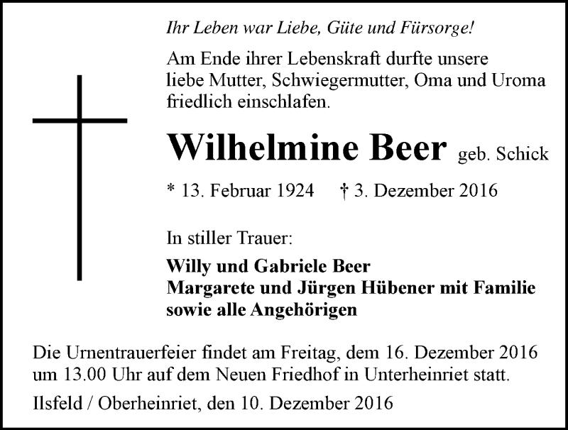  Traueranzeige für Wilhelmine Beer vom 10.12.2016 aus 