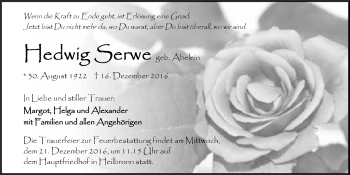 Traueranzeige von Hedwig Serwe 