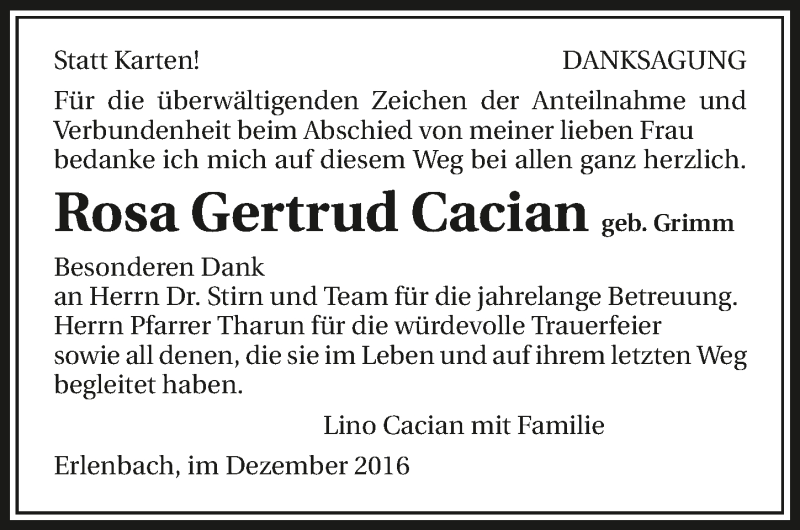  Traueranzeige für Rosa Gertrud Cacian vom 31.12.2016 aus 