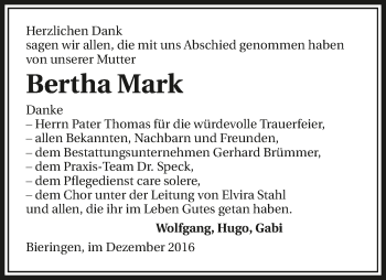 Traueranzeige von Bertha Mark 