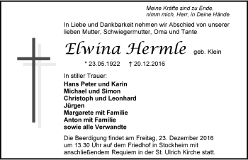 Traueranzeige von Elwina Hermle 
