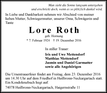 Traueranzeige von Lore Roth 