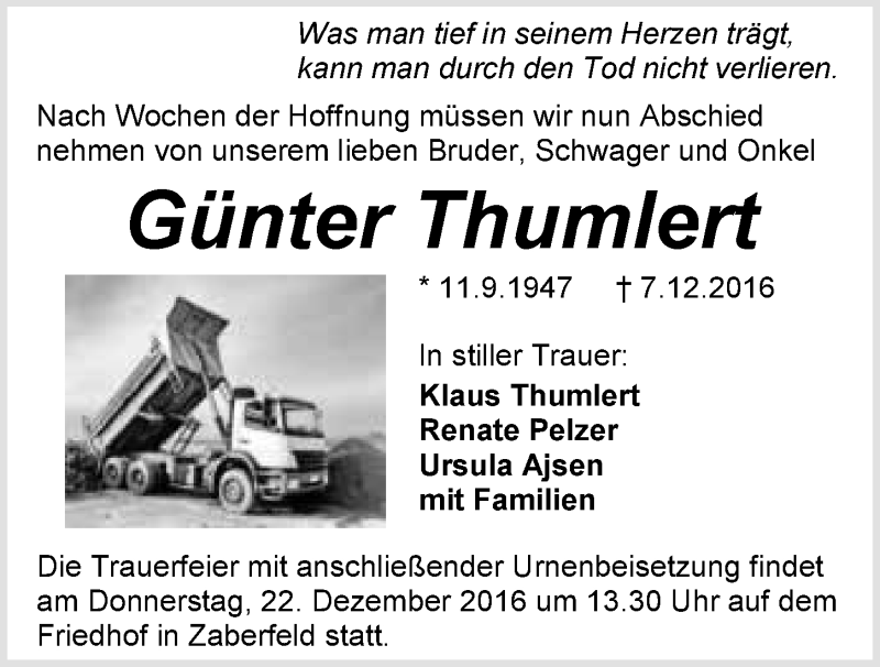  Traueranzeige für Günter Thumlert vom 20.12.2016 aus 