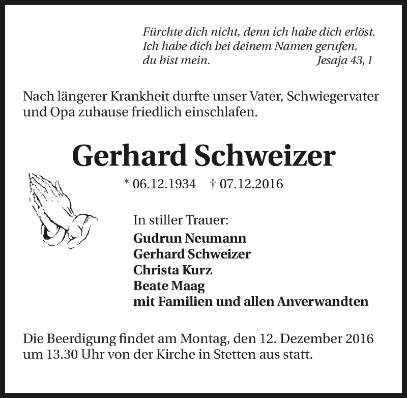  Traueranzeige für Gerhard Schweizer vom 10.12.2016 aus 
