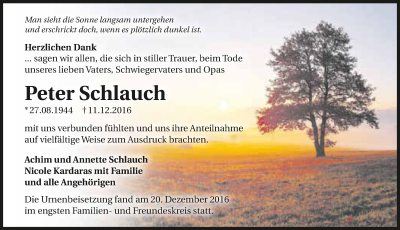  Traueranzeige für Peter Schlauch vom 31.12.2016 aus 