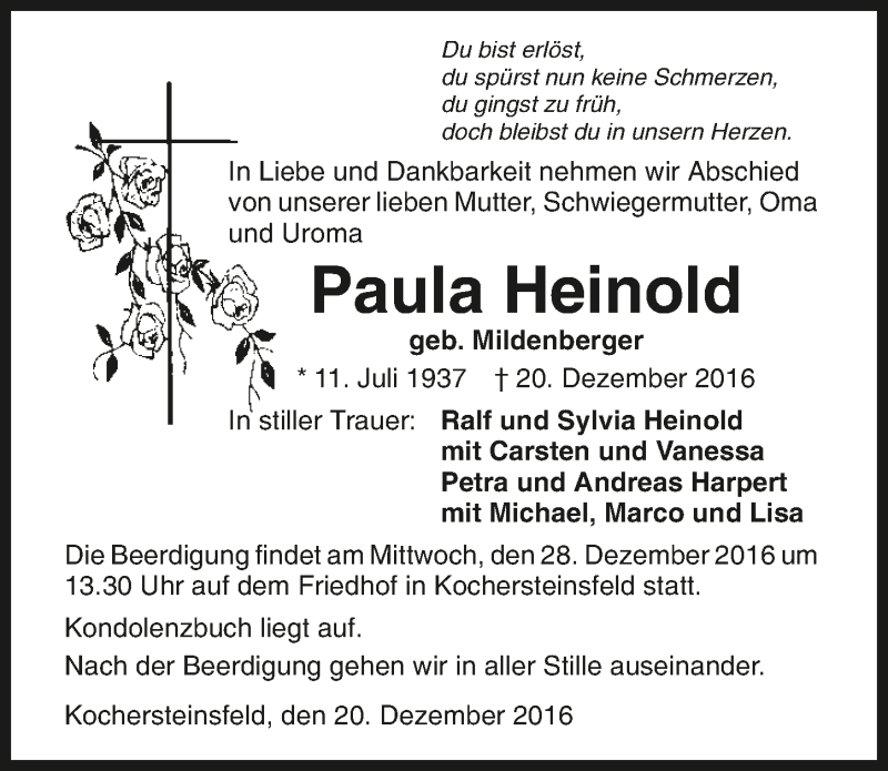  Traueranzeige für Paula Heinold vom 27.12.2016 aus 