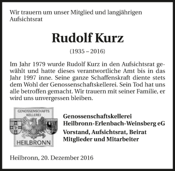 Traueranzeige von Rudolf Kurz