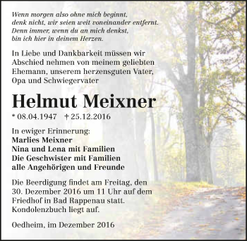 Traueranzeige von Helmut Meixner 